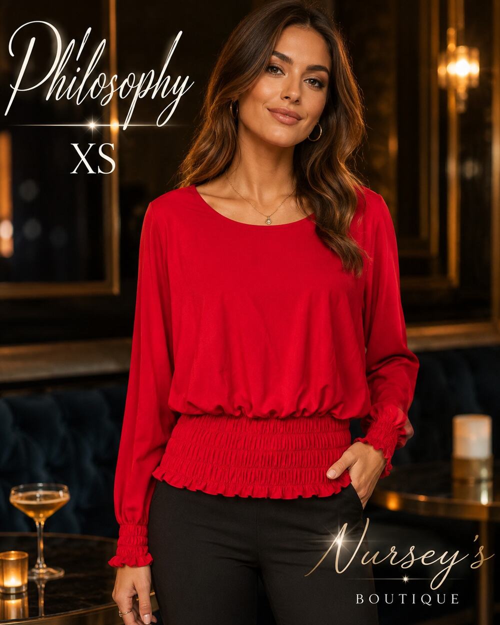 Philosophy Red Smocked Waist Long Sleeve Blouse Women’s XS